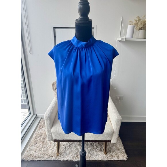 Shein Bright Blue Satin High Neck Sleeveless Tie Back Blouse Size Medium - Picture 1 of 7